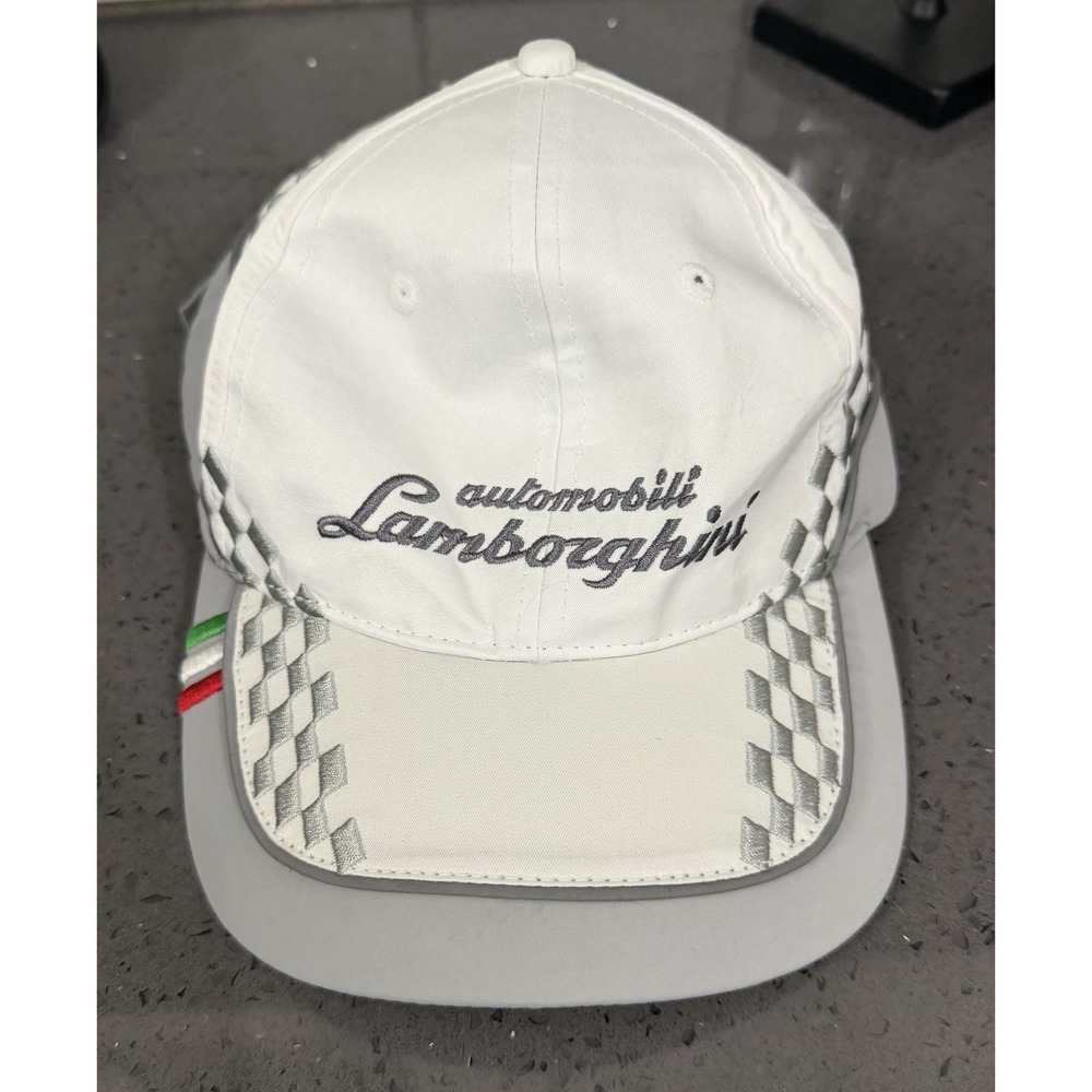 Automobili Lamborghini White Baseball Cap Hat Checkered Flag Brim Preowned